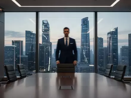 Ein modern eingerichteter Konferenzraum mit Blick auf eine Skyline bei Dämmerung, symbolisch für strategische Unternehmensführung. - Foto: über boerse-global.de