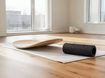 Ein heller Trainingsraum mit einem Balance-Board und einer Schaumstoffrolle auf einer Matte vor einem Fenster. - Foto: über boerse-global.de