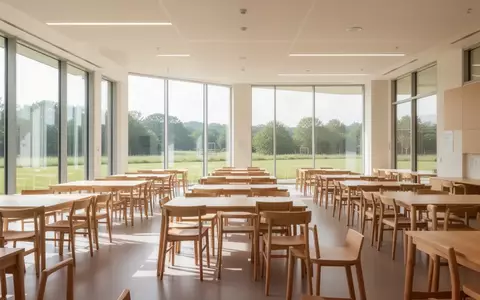 Ein heller, moderner Speisesaal in einer Bildungseinrichtung mit Holztischen und Stühlen in einer sonnendurchfluteten Umgebung. - Foto: über boerse-global.de