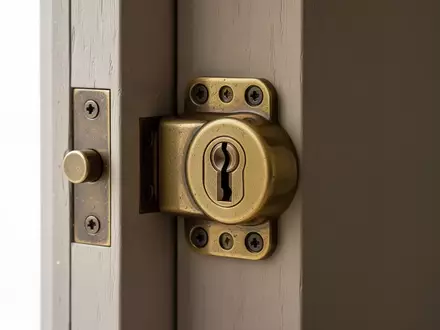 Ein detailliertes Schloss an einer schlichten Holztür in einem neutralen Flur. - Foto: über boerse-global.de