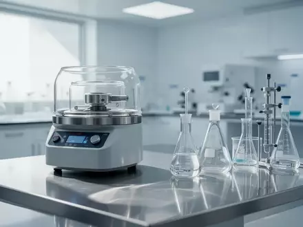 Hochwertige Laborausstattung mit Glasgeräten auf einem Edelstahltisch in einer sterilen Forschungsumgebung. - Foto: über boerse-global.de