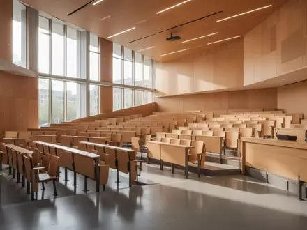 Ein heller, leerer Hörsaal mit modernen Holzsitzen und großen Fenstern in einer Universität. - Foto: über boerse-global.de