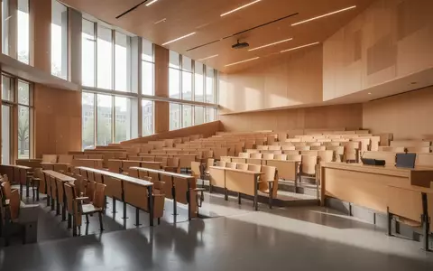 Ein heller, leerer Hörsaal mit modernen Holzsitzen und großen Fenstern in einer Universität. - Foto: über boerse-global.de