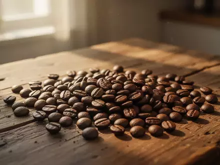 Nahaufnahme von gerösteten Kaffeebohnen auf einem hölzernen Tisch in warmem, natürlichem Licht. - Foto: über boerse-global.de