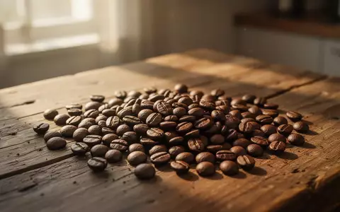 Nahaufnahme von gerösteten Kaffeebohnen auf einem hölzernen Tisch in warmem, natürlichem Licht. - Foto: über boerse-global.de