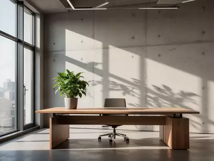 Ein minimalistischer, moderner Büroarbeitsplatz mit natürlichem Licht, einer grünen Pflanze und architektonischen Schatten. - Foto: über boerse-global.de
