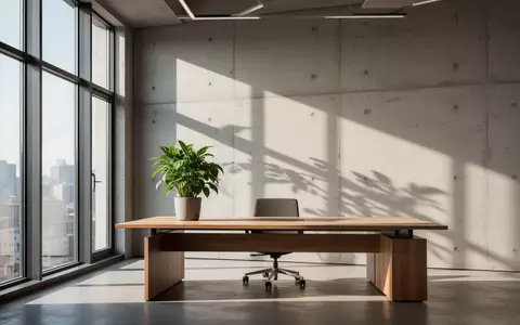 Ein minimalistischer, moderner Büroarbeitsplatz mit natürlichem Licht, einer grünen Pflanze und architektonischen Schatten. - Foto: über boerse-global.de