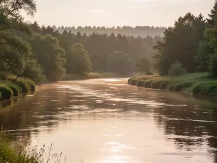 Ein ruhiger Flusslauf in einer grünen Landschaft in Rheinland-Pfalz bei Sonnenlicht. - Foto: über boerse-global.de