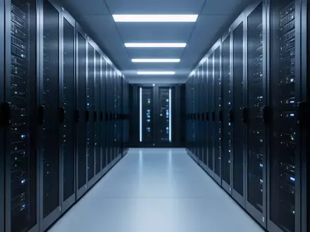 Modernes Rechenzentrum mit dunklen Server-Racks in einer kühlen, blau beleuchteten Umgebung. - Foto: über boerse-global.de