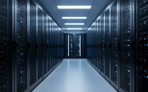 Modernes Rechenzentrum mit dunklen Server-Racks in einer kühlen, blau beleuchteten Umgebung. - Foto: über boerse-global.de