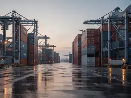 Ein moderner Logistikhafen mit gestapelten Containern in der Abenddämmerung ohne Personen oder Fahrzeuge. - Foto: über boerse-global.de