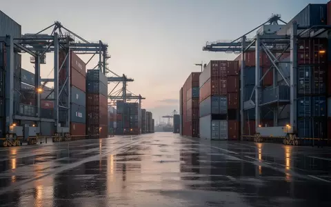 Ein moderner Logistikhafen mit gestapelten Containern in der Abenddämmerung ohne Personen oder Fahrzeuge. - Foto: über boerse-global.de