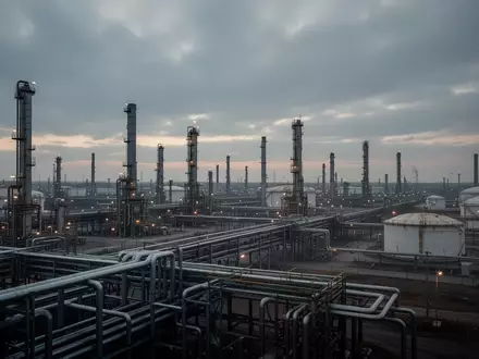 Industrielle Raffinerieanlage mit weitläufigen Rohrsystemen und Tanks bei Dämmerung. - Foto: über boerse-global.de