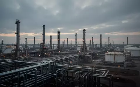 Industrielle Raffinerieanlage mit weitläufigen Rohrsystemen und Tanks bei Dämmerung. - Foto: über boerse-global.de