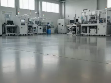 Ein minimalistischer, heller Reinraum in einer Halbleiterfertigungsanlage mit verschwommenen Industriemaschinen im Hintergrund. - Foto: über boerse-global.de