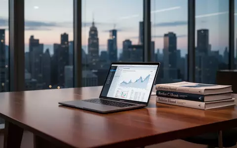 Ein moderner, minimalistischer Schreibtisch mit Laptop und Finanzunterlagen vor einem Stadtpanorama bei Dämmerung. - Foto: über boerse-global.de