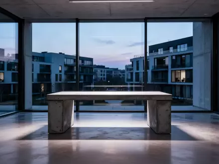 Ein minimalistischer, leerer Arbeitsbereich mit einem Betontisch in einem modernen Raum bei Dämmerung. - Foto: über boerse-global.de