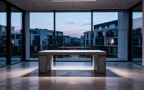 Ein minimalistischer, leerer Arbeitsbereich mit einem Betontisch in einem modernen Raum bei Dämmerung. - Foto: über boerse-global.de