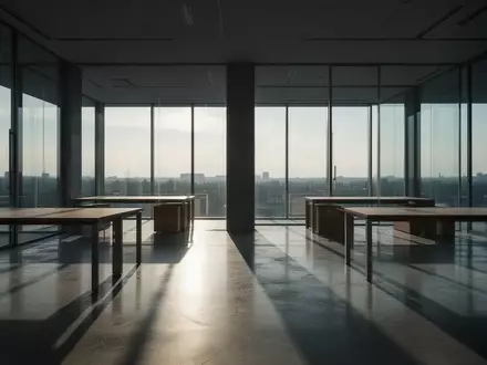 Ein minimalistisches, leeres Bürogebäude bei Sonnenaufgang mit klaren Schatten auf einem Betonboden. - Foto: über boerse-global.de