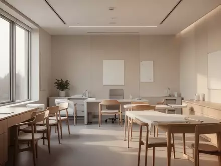 Ein heller, leerer Schulungsraum in einer Pflegeeinrichtung mit minimalistischer Einrichtung und natürlichem Lichteinfall. - Foto: über boerse-global.de