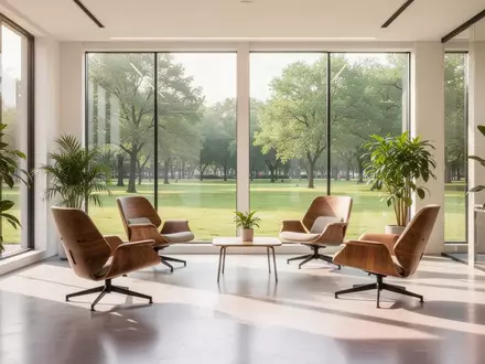 Ein heller, moderner Aufenthaltsbereich in einem Büro mit Pflanzen, ergonomischen Möbeln und natürlichem Tageslicht. - Foto: über boerse-global.de