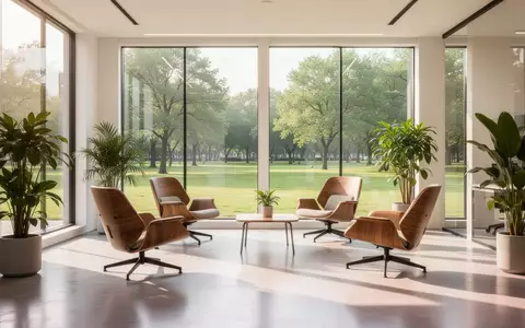 Ein heller, moderner Aufenthaltsbereich in einem Büro mit Pflanzen, ergonomischen Möbeln und natürlichem Tageslicht. - Foto: über boerse-global.de