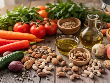 Frische, naturbelassene Lebensmittel wie Gemüse und Nüsse auf einem rustikalen Holztisch als Symbol für gesunde Ernährung. - Foto: über boerse-global.de