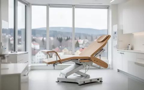 Ein heller, minimalistischer medizinischer Untersuchungsraum mit einem leeren Behandlungsstuhl vor einem Fenster. - Foto: über boerse-global.de