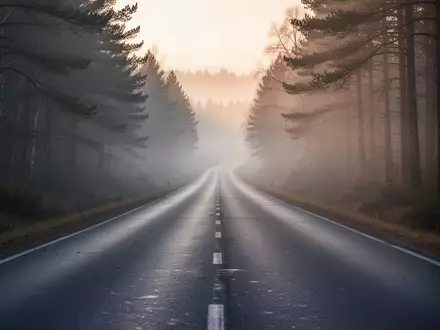 Eine menschenleere Landstraße im dichten Frühnebel bei Sonnenaufgang, die eine ruhige, konzentrierte Atmosphäre vermittelt. - Foto: über boerse-global.de