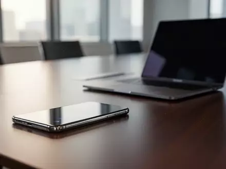 Ein moderner Konferenztisch in einem Büro mit einem Laptop und einem Smartphone bei natürlichem Lichteinfall. - Foto: über boerse-global.de