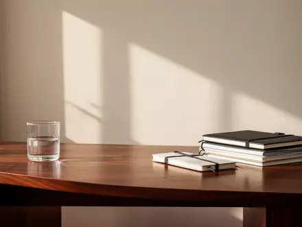 Ein minimalistischer Arbeitsplatz mit einem Holztisch, Notizbüchern und natürlichem Licht. - Foto: über boerse-global.de