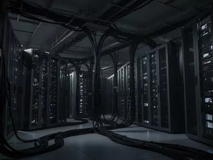 Dunkler, moderner Serverraum mit Kabelsträngen und dezent leuchtenden Statusanzeigen in einer industriellen Umgebung. - Foto: über boerse-global.de