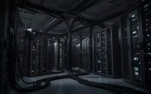 Dunkler, moderner Serverraum mit Kabelsträngen und dezent leuchtenden Statusanzeigen in einer industriellen Umgebung. - Foto: über boerse-global.de