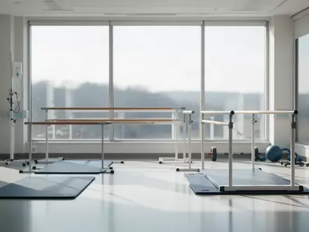 Ein heller, moderner Physiotherapieraum in einem Krankenhaus mit Blick ins Grüne und medizinischen Übungsgeräten. - Foto: über boerse-global.de