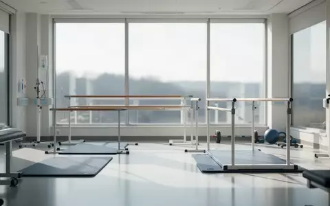 Ein heller, moderner Physiotherapieraum in einem Krankenhaus mit Blick ins Grüne und medizinischen Übungsgeräten. - Foto: über boerse-global.de
