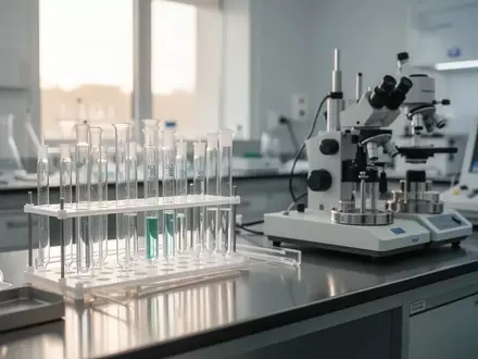 Moderne Laborausstattung mit Zentrifugenröhrchen auf einem Labortisch in einer sterilen medizinischen Umgebung. - Foto: über boerse-global.de