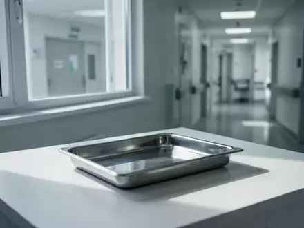 Ein steriler, leerer Behandlungsraum in einer Klinik mit Tageslichteinfall und einer leeren Edelstahlschale auf einer Ablage. - Foto: über boerse-global.de