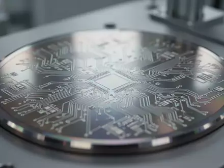Nahaufnahme eines Silizium-Wafers mit fein geätzten Schaltkreisstrukturen in einem sterilen Labor. - Foto: über boerse-global.de