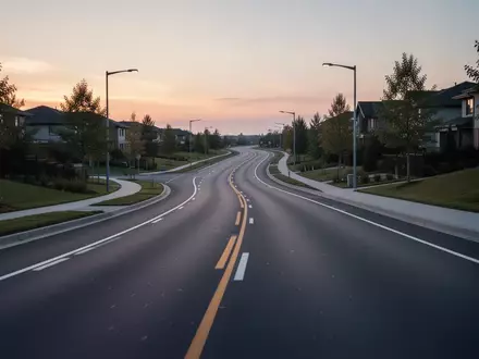 Eine leere, moderne Asphaltstraße mit klaren Fahrbahnmarkierungen in einer ruhigen Umgebung bei Dämmerung. - Foto: über boerse-global.de