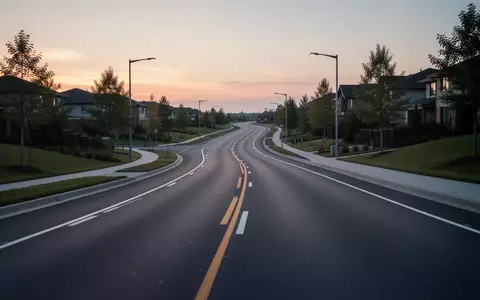 Eine leere, moderne Asphaltstraße mit klaren Fahrbahnmarkierungen in einer ruhigen Umgebung bei Dämmerung. - Foto: über boerse-global.de