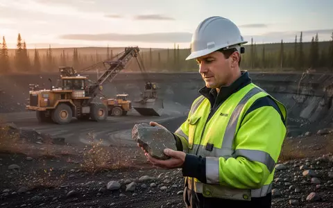 Geologe untersucht eine Gesteinsprobe auf einem Bergbaugelände bei Sonnenuntergang. - Foto: über boerse-global.de