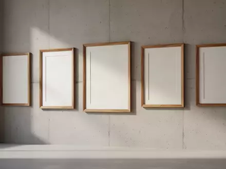 Leere, hochwertige Bilderrahmen an einer schlichten Betonwand in einem minimalistischen Raum bei natürlichem Tageslicht. - Foto: über boerse-global.de