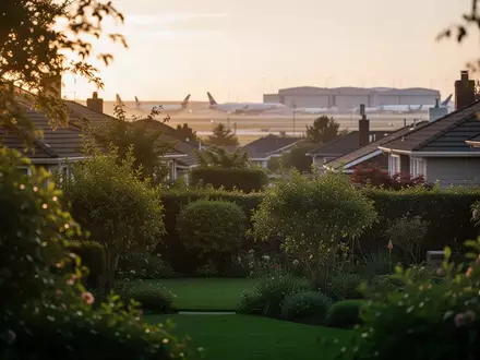 Ein ruhiger Wohnort mit Garten in der Nähe des Frankfurter Flughafens bei Dämmerung. - Foto: über boerse-global.de
