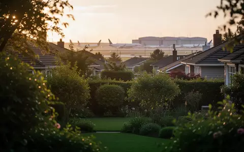 Ein ruhiger Wohnort mit Garten in der Nähe des Frankfurter Flughafens bei Dämmerung. - Foto: über boerse-global.de