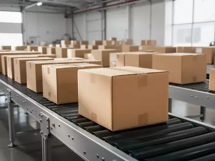 Leeres Logistikzentrum mit ordentlich aufgereihten Versandkartons auf einem Förderband bei Tageslicht. - Foto: über boerse-global.de