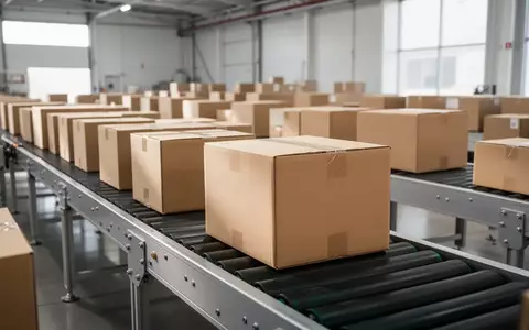 Leeres Logistikzentrum mit ordentlich aufgereihten Versandkartons auf einem Förderband bei Tageslicht. - Foto: über boerse-global.de