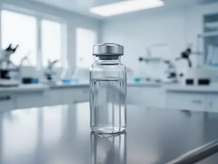 Ein steriles Laborglas mit einer klaren Flüssigkeit auf einer Edelstahloberfläche in einem modernen Forschungslabor. - Foto: über boerse-global.de