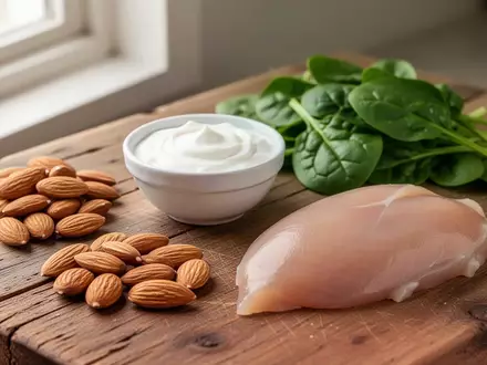 Nahaufnahme von frischen, proteinreichen Lebensmitteln wie Joghurt, Mandeln, Spinat und Geflügel auf einer Holzoberfläche. - Foto: über boerse-global.de
