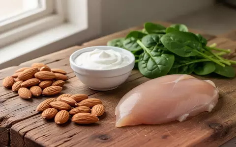 Nahaufnahme von frischen, proteinreichen Lebensmitteln wie Joghurt, Mandeln, Spinat und Geflügel auf einer Holzoberfläche. - Foto: über boerse-global.de