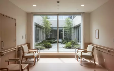 Ein heller, leerer Raum in einer Pflegeeinrichtung mit Blick in einen ruhigen Garten bei Tageslicht. - Foto: über boerse-global.de